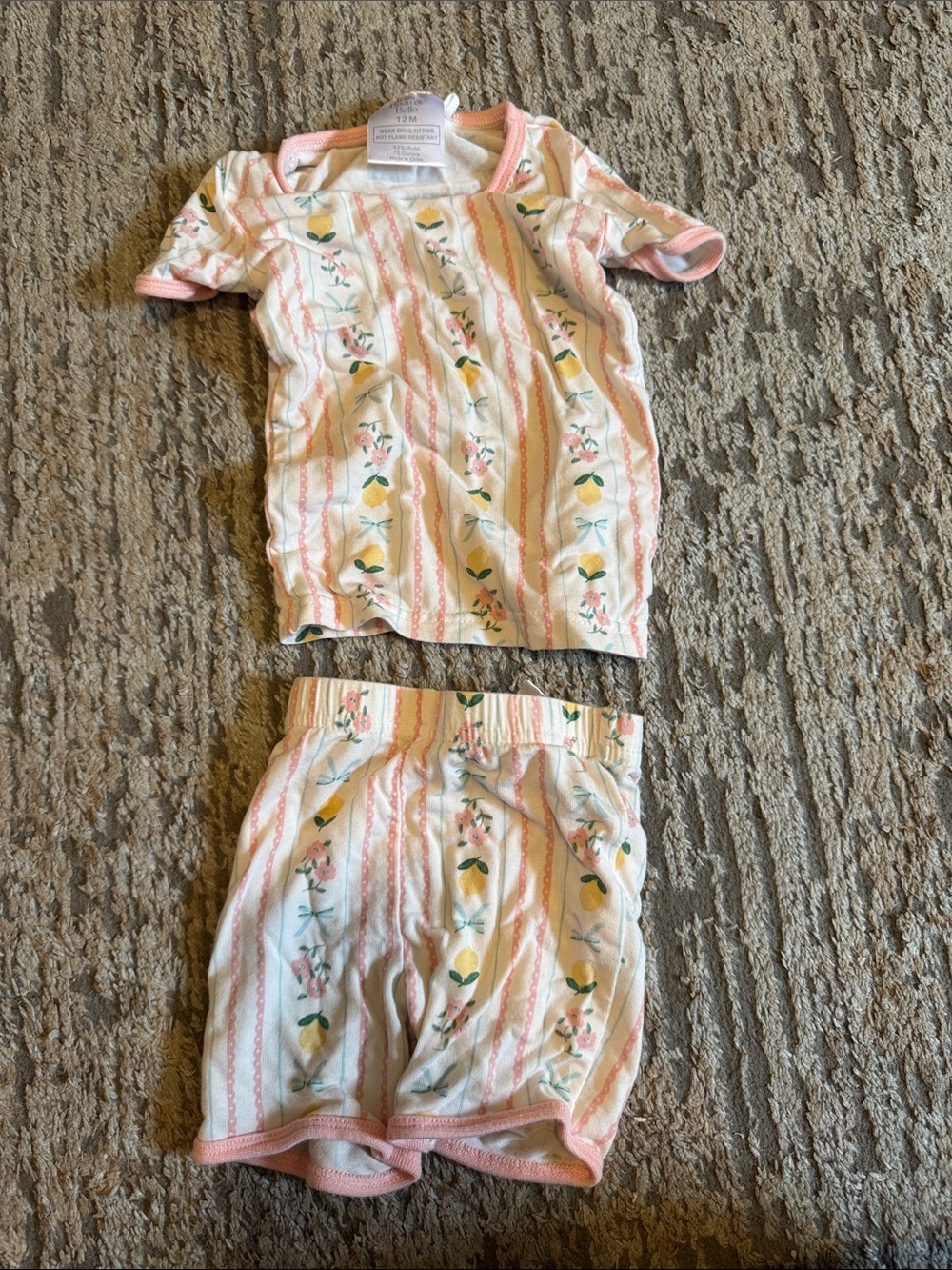 Burt's Bees Baby Pink and Yellow Floral Lemon Two-Piece Pajama Set size 12 month